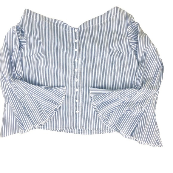Free People Crop Top Shirt Blue Striped Bell Sleeve Off The Shoulder Sz Medium - Picture 6 of 15